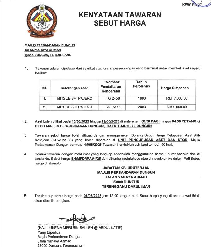 Kenyataan Tawaran Sebut Harga Pelupusan Kenderaan Jabatan MPD
